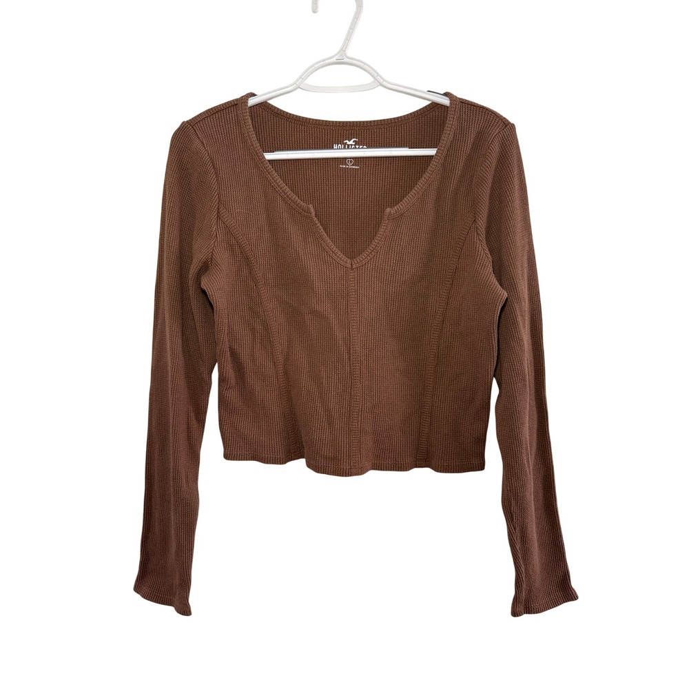 Hollister Brown Waffle Knit Crop Long‎ Sleeve Shirt Large Y2K Coquette Layering